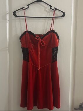 Urban Outfitters Red Velvet Mini Dress with Black Lace Panels
